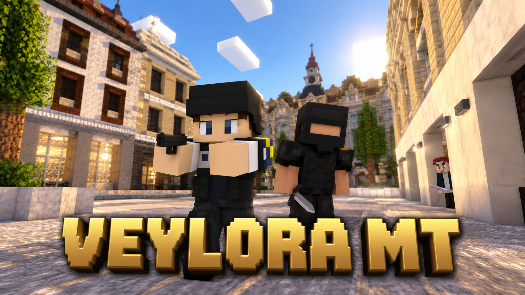Serverbanner van Veylora met agent en crimineel in de stad